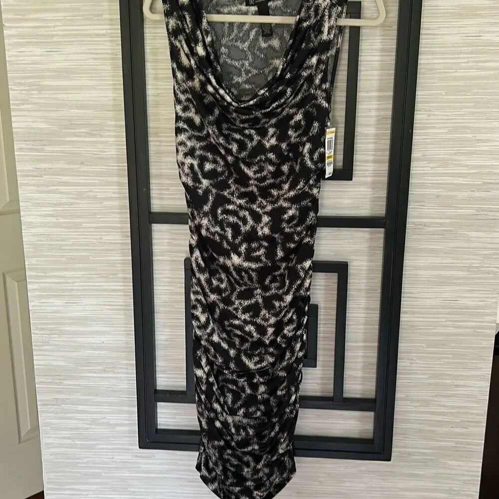 INC iinternational concepts black and beige animal print ruched dress with bead